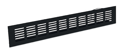 Svart ventilgaller i aluminium med horisontella slitsar.