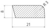 Tvärsnitt av en rektangulär platta med måtten 21x8 mm och en avrundning R3 mm upptill.