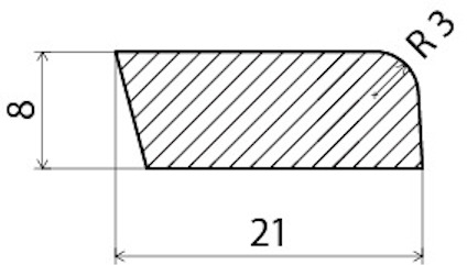 Tvärsnitt av en rektangulär platta med måtten 21x8 mm och en avrundning R3 mm upptill.