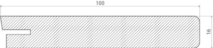 Ritning av ett avlångt rektangulärt föremål med mått 100x16 och en urgröpning på vänster sida.