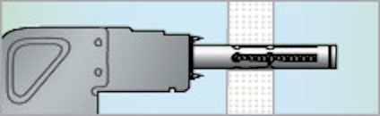 Illustration av en expanderbult som monteras in i en vägg med ett verktyg.