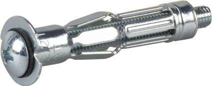 Metallisk expanderskruv med skruvhuvud och räfflad kropp, avsedd för montering i enkelgips.