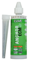 Grön förpackning med etikett "ESSVE CHEMICAL ANCHOR ECM", vit kork och applikator bredvid.
