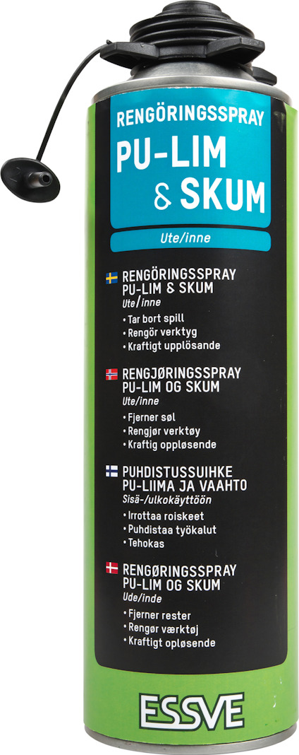 Grön flaska med texten "Rengöringsspray PU-LIM & SKUM" och instruktioner på flera språk. Märket "ESSVE" syns nederst.