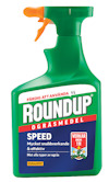 Grön sprayflaska med texten "ROUNDUP SPEED OGRÄSMEDEL" och ikon som visar effekt inom 1 timme.