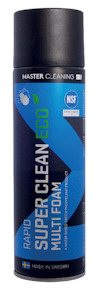 Aerosolburk med svart lock och blå etikett med texten "Rapid Super Clean Eco Multi Foam".