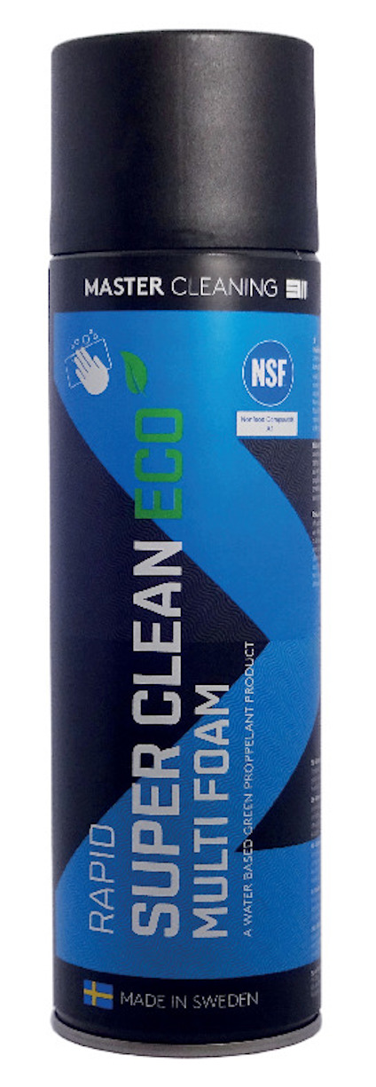 Aerosolburk med svart lock och blå etikett med texten "Rapid Super Clean Eco Multi Foam".