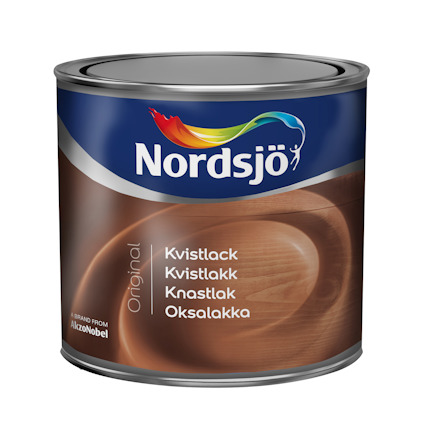 Kvistlack-burk från Nordsjö med en träig grafisk design och text på flera språk.