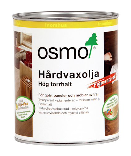 Hårdvaxolja burk med etikett text: OSMO Hårdvaxolja. Pigmenterad. För golv, paneler och möbler av trä. Sidenmatt