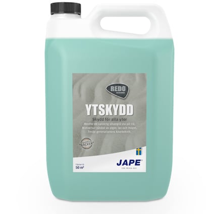 Plastbehållare med grön vätska och texten "YTSKYDD" på etiketten. Märket Jape.