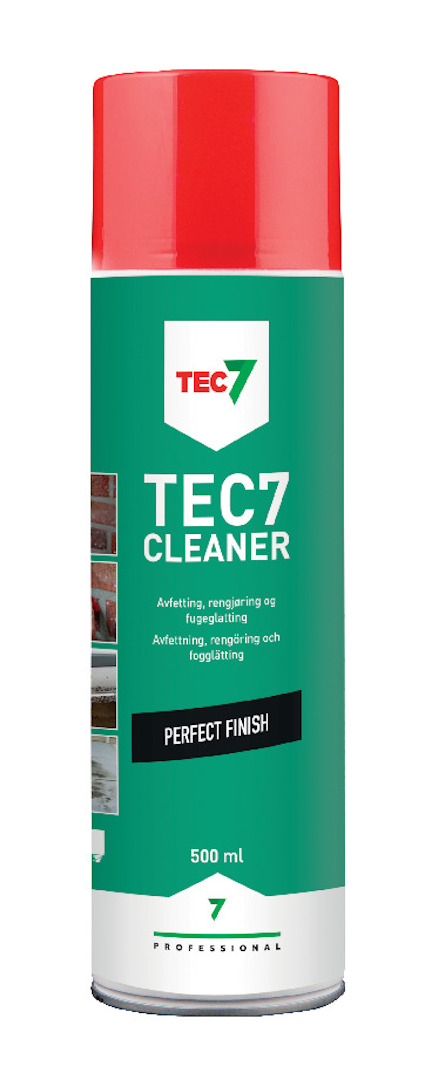 Grön sprayburk med röd kork och texten "TEC7 CLEANER". Visar instruktioner och bilder av användning.