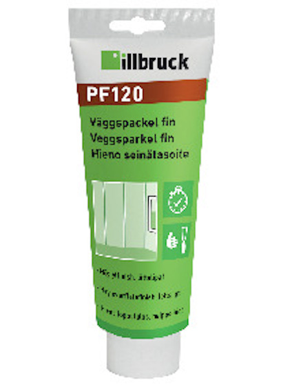 Förpackning av väggspackel PF120 med text på svenska, norska och finska.