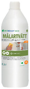 Vit flaska med etikett "MÅLARTVÄTT ECO" och bilder av rengöring. Text om användning och innehåll på etiketten.