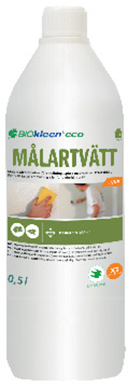 Vit flaska med etikett "MÅLARTVÄTT ECO" och bilder av rengöring. Text om användning och innehåll på etiketten.