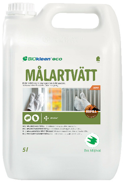 Vit dunk märkta "BIOkleen eco MÅLARTVÄTT", innehållandes 5 liter rengöringsmedel.