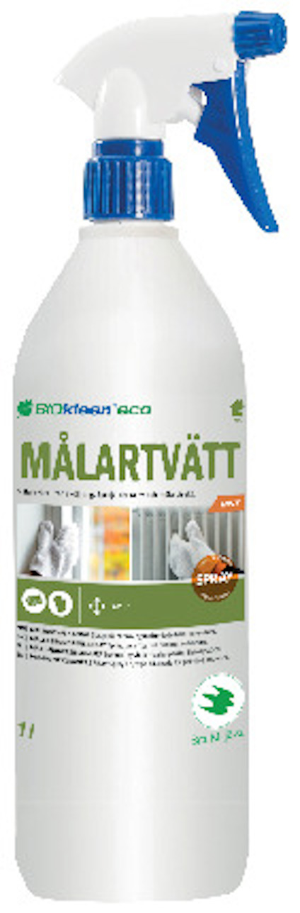 Sprayflaska med etikett "Biokleen eco Målartvätt", vit och blå design, innehåll 1L.