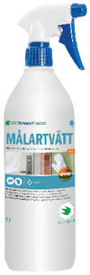 Sprayflaska med etikett "Målartvätt" och blått sprutmunstycke.