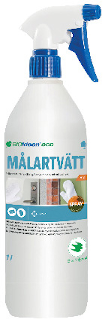 Sprayflaska med etikett "Målartvätt" och blått sprutmunstycke.