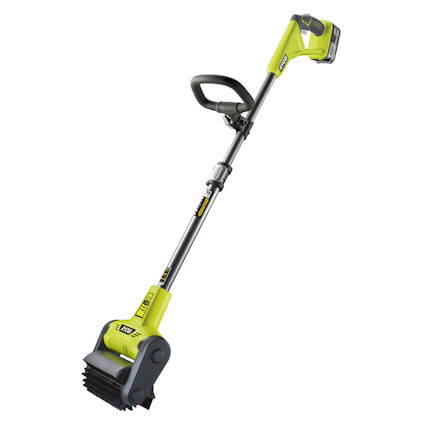 Grön och grå batteridriven multiborste med långt skaft och ergonomiskt handtag.