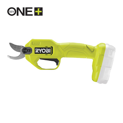 Grön och vit sekatör av märket RYOBI med ergonomiskt handtag, del av 18V ONE+ serien.