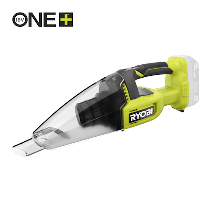 Grön och svart handdammsugare med Ryobi-logga och ONE+ 18V-märkning.