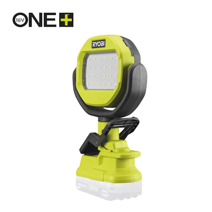Grön och svart LED-lampa med klämma, märkt "RYOBI" och "ONE+" i hörnet.