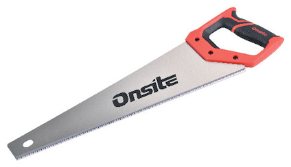Handsåg med röd och svart handtag samt silverfärgat blad, texten "Onsite" på bladet.