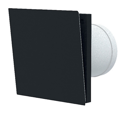 Svart fyrkantig ventildel med vit cylindrisk del som monteras i vägg.