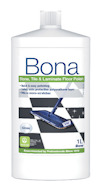 Flaska med Bona Stone, Tile & Laminate Floor Polish, 1L. Vit etikett med en mopp och text "Gloss".