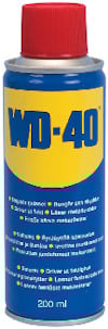 Sprayburk med röd kork, blå etikett och stora gula bokstäver: "WD-40". Innehåller text på flera språk.