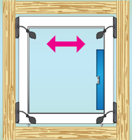 Illustration av ett fönster med en rosa dubbelriktad pil som indikerar horisontell rörelse.