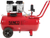 Röd, olje-fri kompressor med två motorer ovanpå, handtag och svart hjul. Texten "SENCO" synlig på sidan.