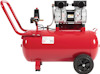 Röd luftkompressor med hjul, handtag och tryckmätare. Fyra svarta anslutningar på toppen av tanken.