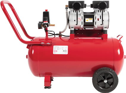 Röd luftkompressor med hjul, handtag och tryckmätare. Fyra svarta anslutningar på toppen av tanken.