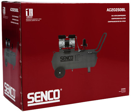 Röd förpackning med Senco AC20250BL luftkompressor, 50 liters, 1 års begränsad garanti, illustration av kompressor.