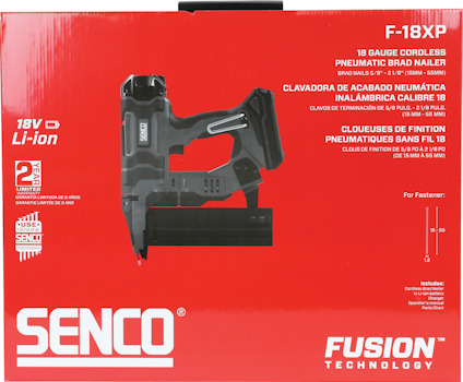Röd produktförpackning för Senco F-18XP 18V Li-ion spikpistol.