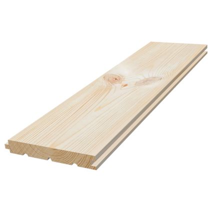 Obehandlad träpanel med not och fjäder på sidorna. Synlig trästruktur.