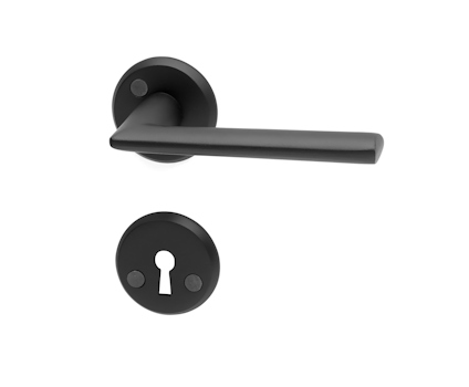 Svart dörrhandtag och nyckelskylt i aluminium, modern design.