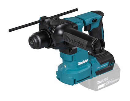 Turkos och svart borrhammare med sidhandtag och en skala intill borret. Märket "Makita" synligt på verktyget.