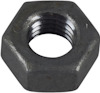 Sexkantsmutter i metall med gängat hål, uppvisar en gråaktig yta.