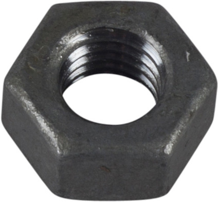 Sexkantsmutter i metall med gängat hål, uppvisar en gråaktig yta.