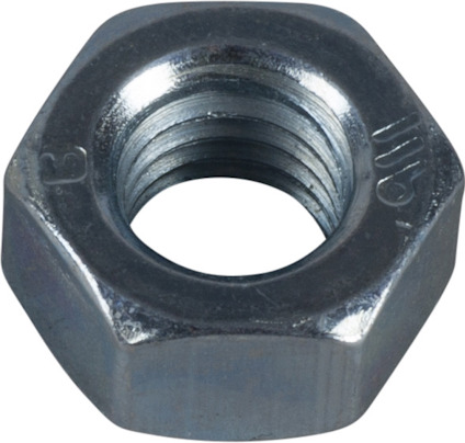 Sexkantmutter i metall med inre gängor, upplyst mot en neutral bakgrund.