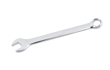 Silvrig skiftnyckel med en ring i ena änden och en öppen skiftnyckel i andra.