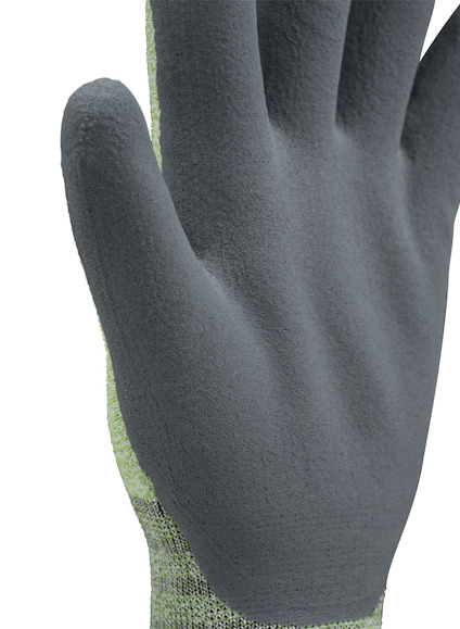 En grå och limegrön handske med gummerad yta på handflatan och fingrarna.