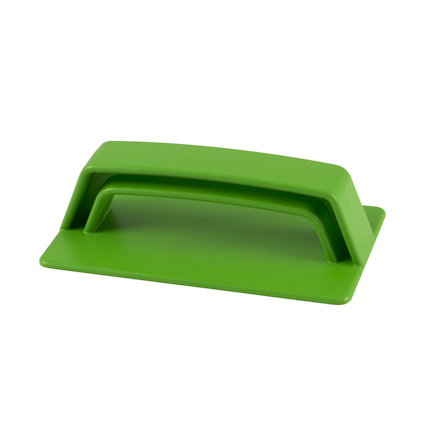 Grön rektangulär skurblockshållare i plast med handtag ovanpå.