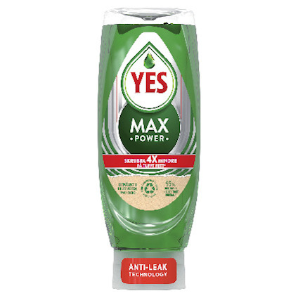 Flaska med Yes Max Power diskmedel, grön etikett, röd text "Anti-Leak Technology" nederst.