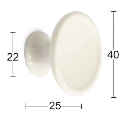 Vit rund knopp med dimensionerna: höjd 40 mm, bredd 25 mm, djup 22 mm.