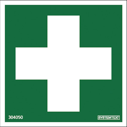 Grönt och vitt första hjälpen-kors med texten "SYSTEMTEXT" och numret "304050" i hörnet.