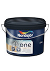 Mörkblå burk med svart lock och grå etikett. Text: "Nordsjö", "one SUPER TECH", "16". Bild av ett husfasad.