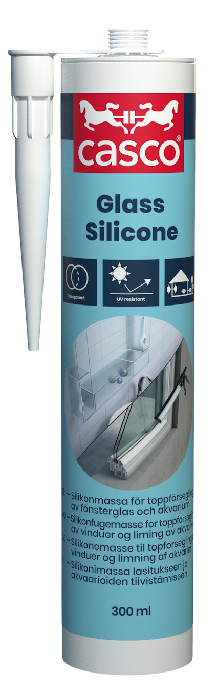 Förpackning av Casco glassilikon med tillhörande applikator.